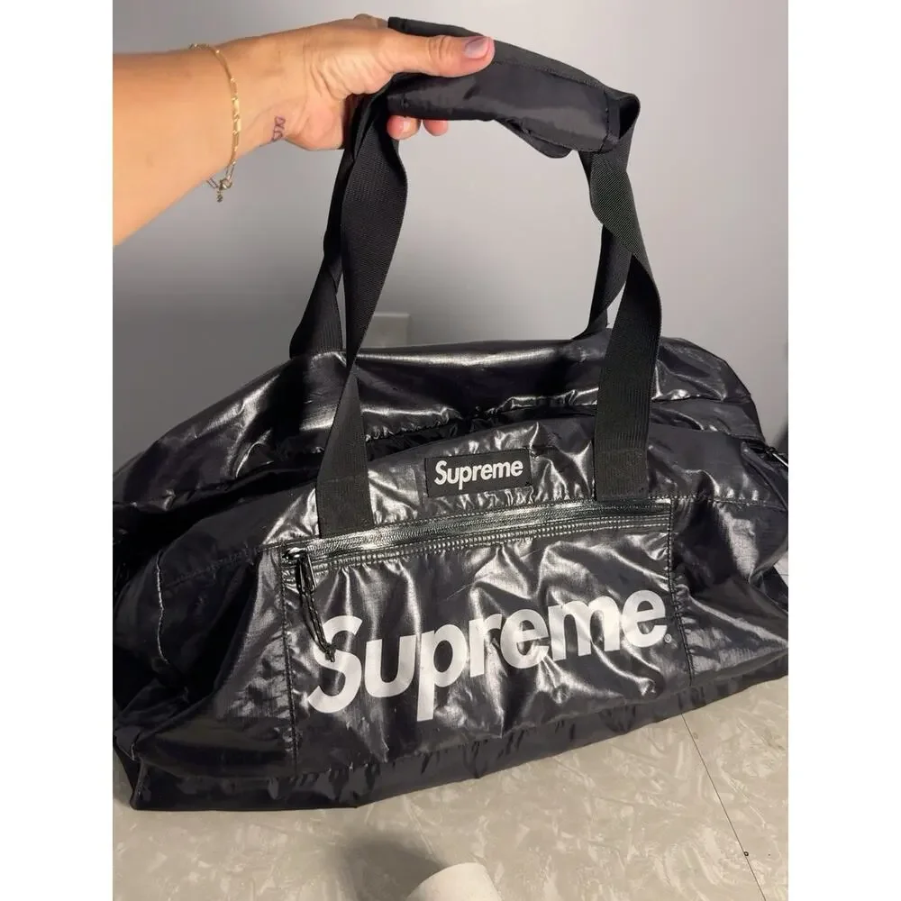Supreme Large Black Nylon Logo Duffle Bag Zip Closure Adjustable Shoulder Strap